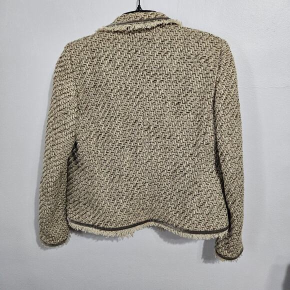 JONES NEW YORK SIGNATURE Olive/Cream Wool Blend Tweed Fringe Jacket. Sz 8 Petite - Picture 2 of 7
